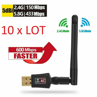 10 Pcs 600 Mbps Dual Band 2.4/5Ghz Wireless USB WiFi Network Adapter w/Antenna