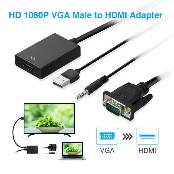 VGA To HDMI Converter 1080P HD Adapter With Audio Cable For HDTV PC Laptop TV US