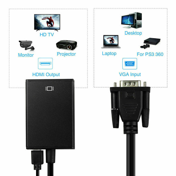 VGA To HDMI Converter 1080P HD Adapter With Audio Cable For HDTV PC Laptop TV US