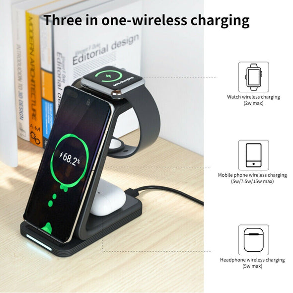 New 3 IN 1 Qi Wireless Charger Charging Dock Stand for iPhone Airpods iWatch 25W