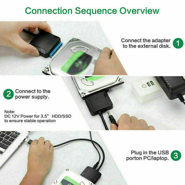 USB 3.0 to SATA III Adapter for 2.5" 3.5" SSD HDD Hard Drive with 12V/2A Power