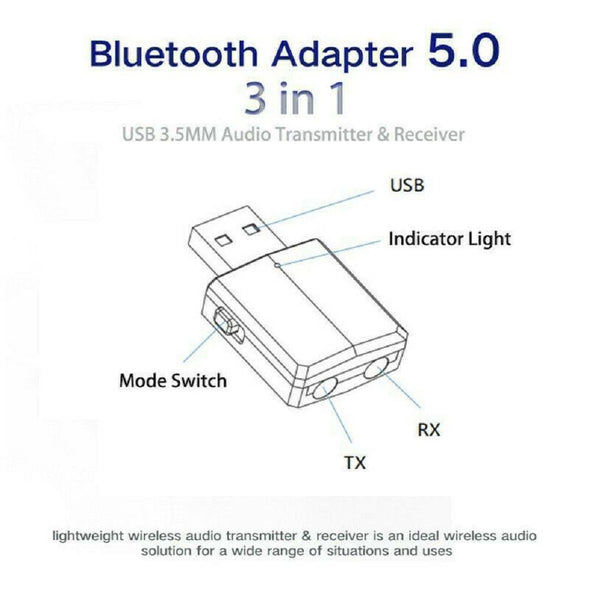 3 in 1 USB Bluetooth 5.0 Audio Transmitter/Receiver Adapter For TV/PC/Car BT#37