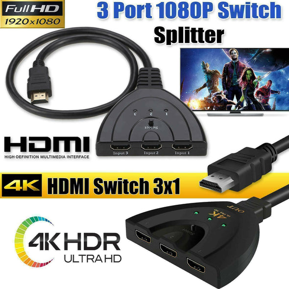 3 Port 4K HDMI 2.0 Cable Auto Splitter Switch Switcher 3x1 Adapter HUB 3D 3 to 1